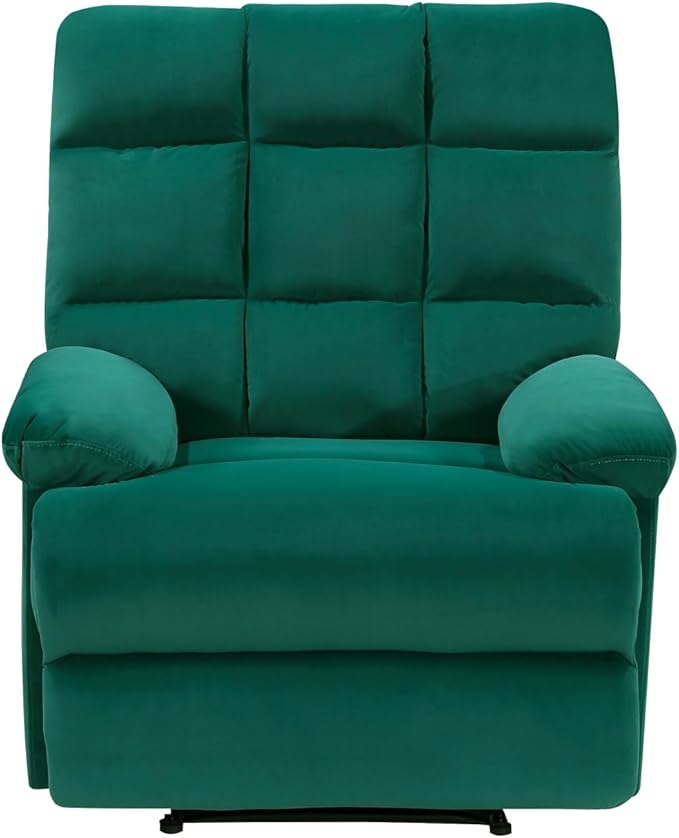 Green Velvet Upholstery Recliner - Modern Luxurious Living Room Chair with Pillowtop Arms