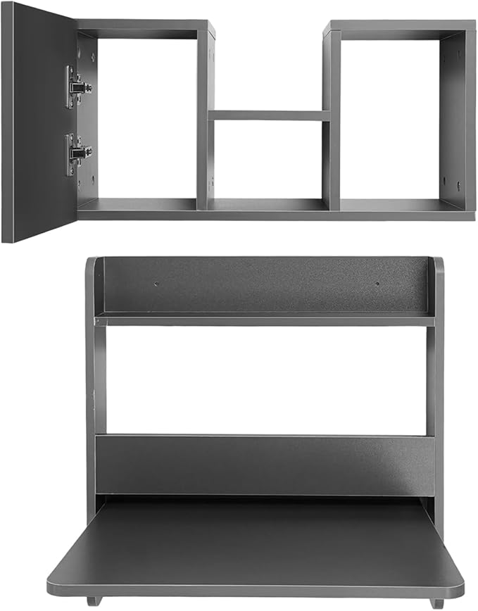 Wall Mounted Desk Fold Down Laptop Computer Table Floating Desk with Storage Compartments for Home Office Study Space Saving (Grey)
