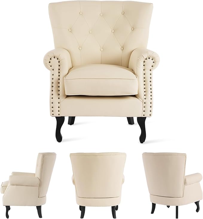MOJAY PU Leather Accent Chair Mid-Century Modern Armchair Living Room Club Chair with Tufted Button &amp Rivet Trim Upholstered Sofa Chair with Sturdy Wood Legs for Bedroom (Ivory White)
