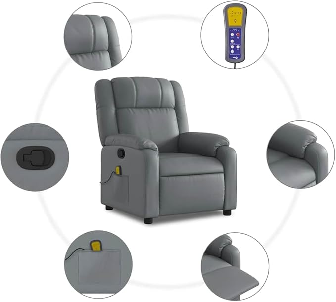 vidaXL Massage Recliner Chair for Living Room Adjustable Recliner with 6-Point Vibration Massage Home Theater Seating with Padded Seat Backrest &amp Side Pocket Grey Leather