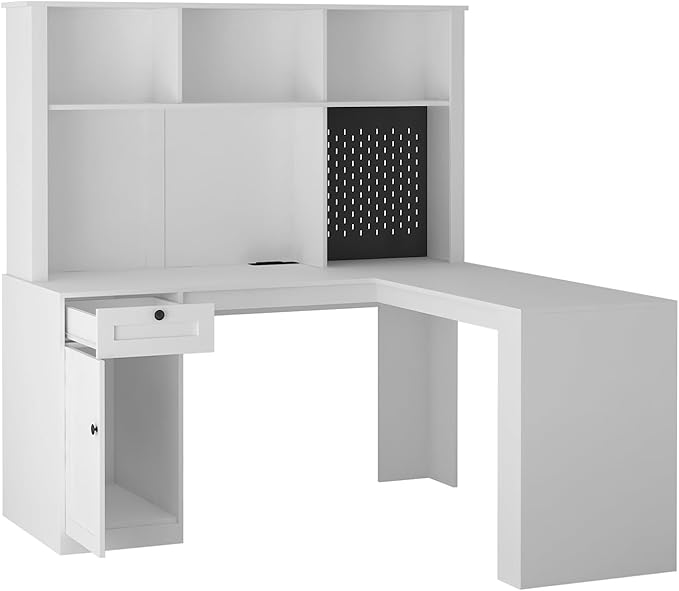 Modern L Shaped Desk with Drawers &amp Shelves Computer Desk with Bookshelf &amp Hutch Corner Home Office Desk with Storage Study Writing Table Workstation with Charging Station for Small Space wh