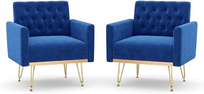 Olela Accent Chair with Arm for Living Room Velvet Modern Armchair Single Sofa Cozy Tufted Upholstered Reading Side Chairs with Gold Metal Leg for Bedroom Decorate Dark Blue