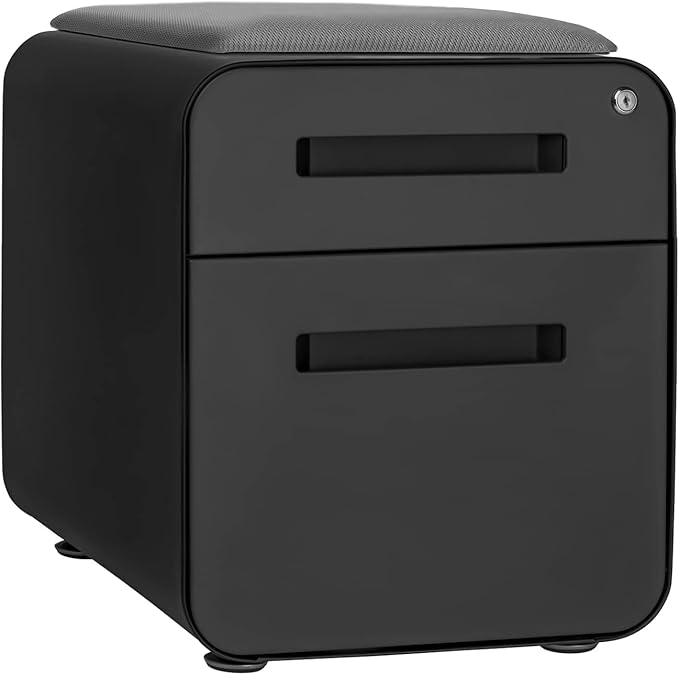 Laura Davidson Furniture STOCKPILE Mini Seated 2 Drawer Mobile File Cabinet with Removable Magnetic Cushion Seat - Short Version Metal Filing Cabinet Pre-Assembled Black with Grey Cushion