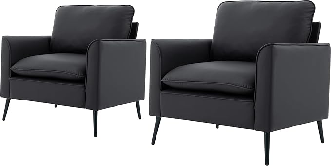 YITAI Modern Accent Living Room ChairsFaux Leather Oversized Single Sofa Chair with Metal Legs Mid Century Comfy Armchair for Bedroom/Office Reading/Lounge/Office/Reception2PCBlack