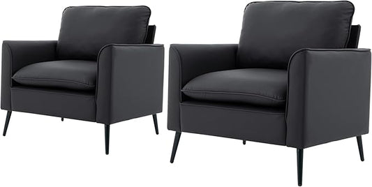 YITAI Modern Accent Living Room ChairsFaux Leather Oversized Single Sofa Chair with Metal Legs Mid Century Comfy Armchair for Bedroom/Office Reading/Lounge/Office/Reception2PCBlack