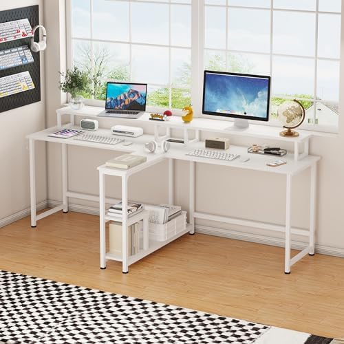Mexin Double Desk for Two People - 83.7 Inch 2 Person Desk with Storage Shelves and Power Outlets Home Office Desk with Monitor Stand Long Gaming Desk Large Workstation White