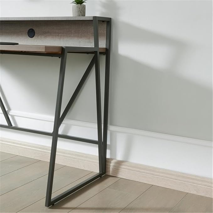 Pemberly Row Writing Desk 44 L x 23.75 W x 36.25 H HPL Worksurface Roughsawn Oak and Gunmetal Finish MDF Shelf with Cable Management Contemporary Style Home Office Desk with Upper Storage