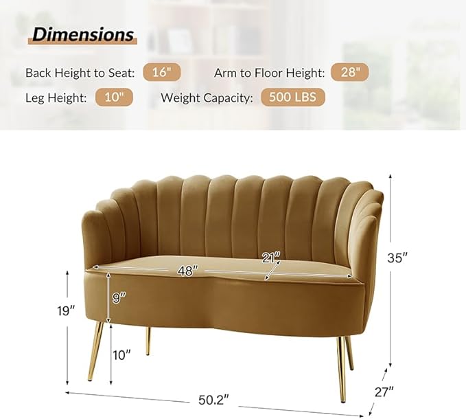 Velvet Upholstered Loveseat Sofa with Gold Metal Legs Modern Comfy Small Love Seat with Flower Shaped Back 2-Seater Sofa Accent Couch for Living Bedroom Leisure Areas Golden