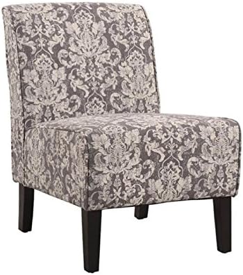 Atlin Designs Accent Fabric Slipper Chair Gray Damask Jacquard Upholstery Button Tufted 33 H x 22.5 W x 30 D Black Finish Hardwood Frame Comfortable Living Room or Bedroom Accent Seating