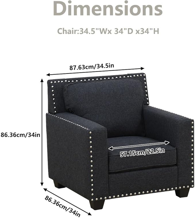 Mid Century Fabric Accent Chair with Arm Rest and Cooper Nail Modern Linen Armchair with High-Density Foam Cushion Comfy Sofa Couch for Small Place/Dorm/Cafe Living Room Couch Set(Black-LinenChair)