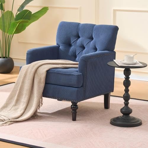 Tufted Club Chair Accent Chair with Lumbar Pillow Upholstered Button Armchair Linen Fabric Sofa Chairs for Bedroom Living Room Mid Century Modern with Studded Reading Chair Blue