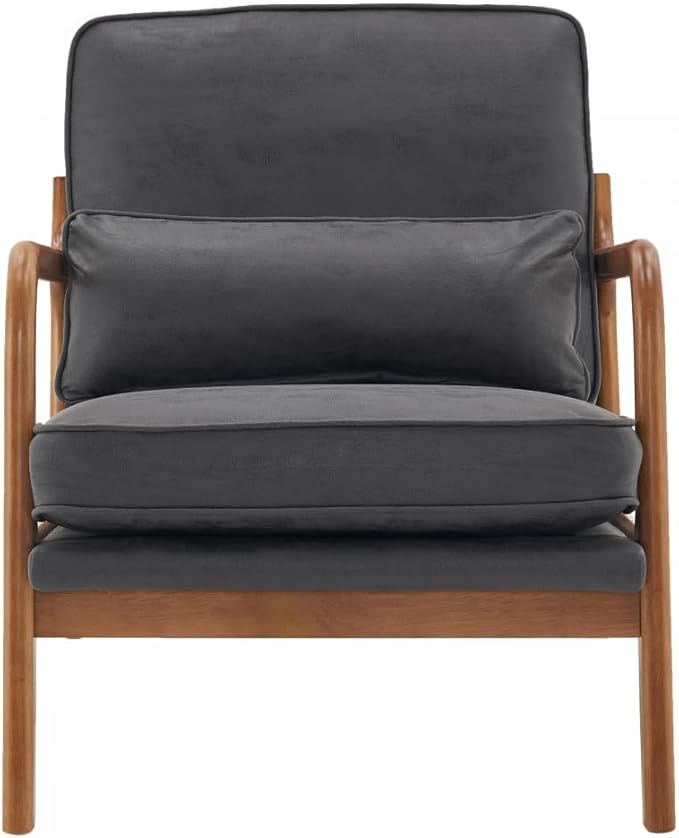 Accent Chair with Lumbar PillowUpholstered Armchair with Solid Wood FrameLinen Fabric Reading Chair with Oak ArmrestLounge Chair for Living Room Bedroom Apartment
