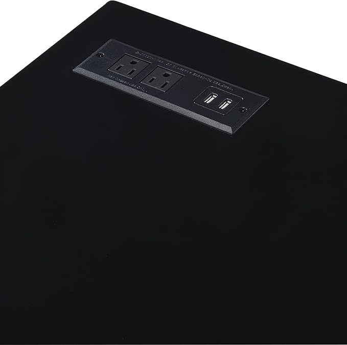 24/7 Shop at Home Ruthetta Modern Metal Writing Desk with USB Port Power Outlet for Workstation Home Office Study Room Glossy Black and Brass