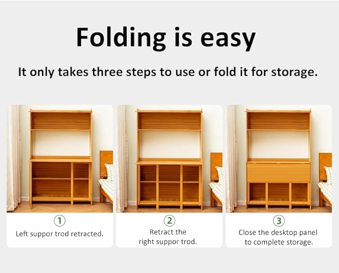 Folding Desk with Hutch and Storage Bamboo Space Saving Writing Table Multi-Functional Workstation for Bedroom Living Room Study Office (Wood)