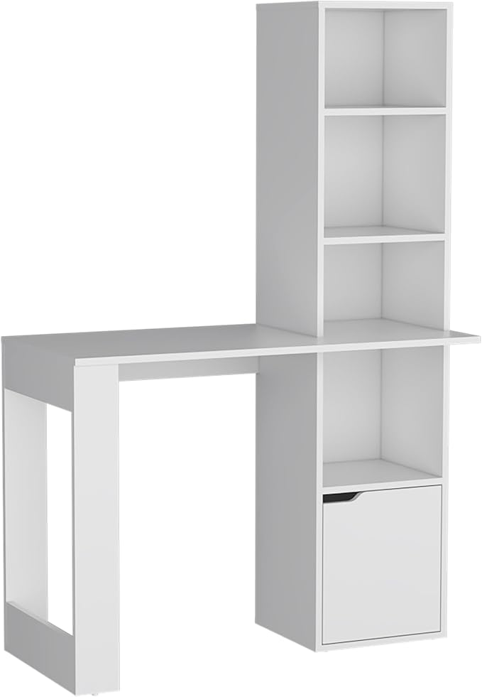 Home Office Desk Computer Desk with 1-Cabinet and 4-Tier BookcaseWhite