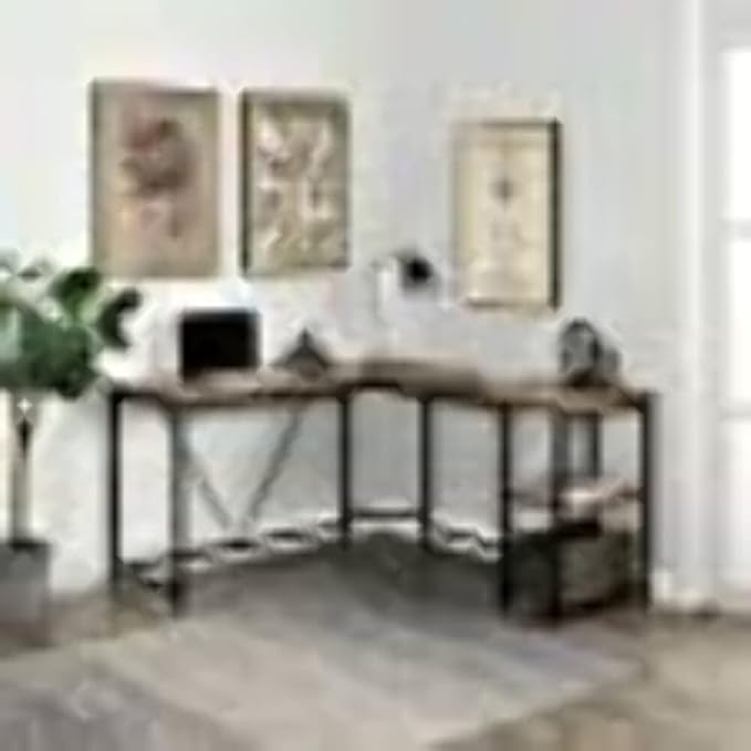 Morden Large L-Shapped Desk Home Office Computer Desk with 2-Tier Storage Shelves (Brown)