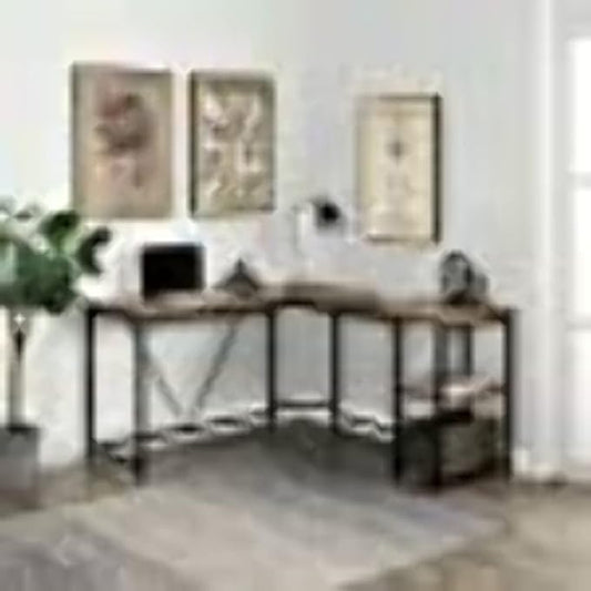 Morden Large L-Shapped Desk Home Office Computer Desk with 2-Tier Storage Shelves (Brown)
