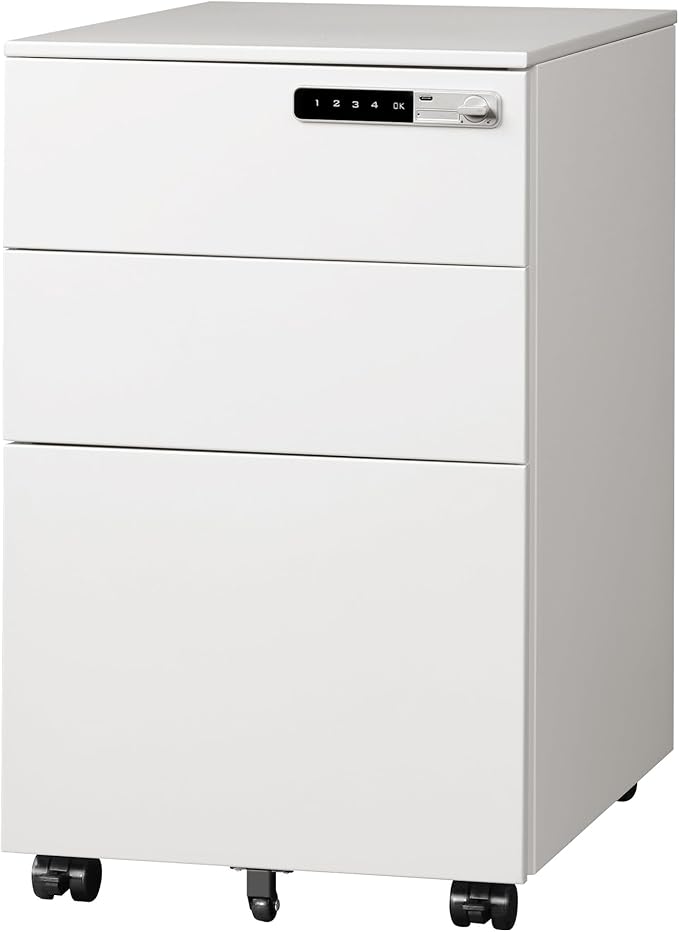 DEVAISE 3 Drawer File Cabinet with Combination LockFully Assembled Metal Filling Cabinet Except Wheels Mobile Under Desk File Cabinets for Home Office White