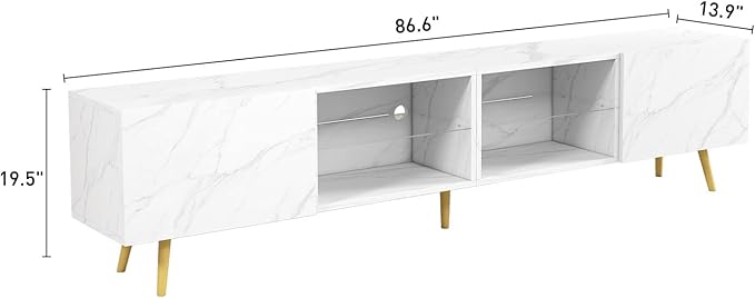 Bonzy Home 86 LED TV Stand Modern Entertainment Center up to 75 TV Television Console Table with Storage Cabinets for Living Room White Marble