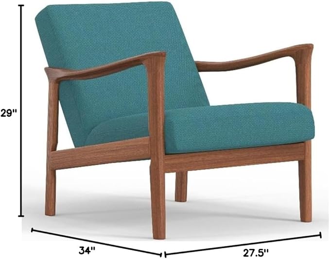 Pemberly Row Modern Lounge Chair Turquoise Polyester Upholstery 29 H x 27.5 W x 34 D Solid Rubberwood Frame Medium Brown Finish Comfortable Accent Chair for Living Room or Reading Nook