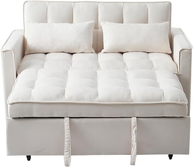 Kiztir Futon Sofa Bed 55 Small Loveseat Sleeper Sofa Comfy Velvet Pull Out Couch Bed with 3 Levels Adjustable Backrest and Side Pockets for Living Room Bedroom Apartment Small Spaces (B-Beige)