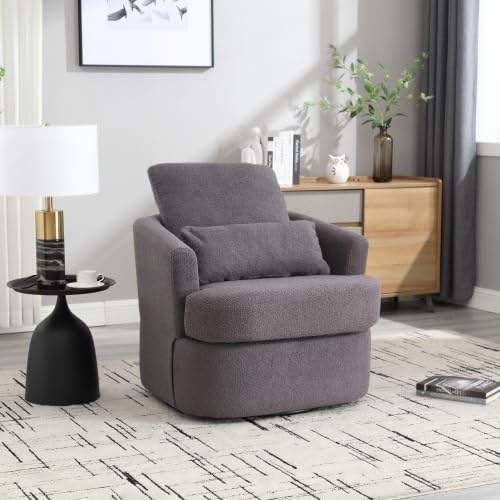 QQU 360° Swivel Barrel Chair Oversized Round Accent Sofa with Removable Pillows Modern Circle Couch Sofa Chair &amp Chaise Lounge Soft Swivel Armchair for Living Rooms Bedrooms Apartments Grey
