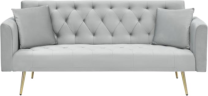 71 Modern Velvet Sofa Bed Futon Convertible Sleeper Couch with Adjustable Backrest Tufted Recliner Loveseat with Golden Chrome Legs &amp 2 Pillows for Small Spaces Living Room Apartment (Gray)