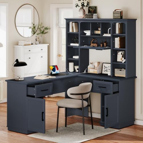 Bellemave L-Shaped Computer Desk with Drawers Hutch and Bookshelf Home Office Desk Corner Gaming Computer Desk with Power Outlet Study Table Writing Desk Antique Blue