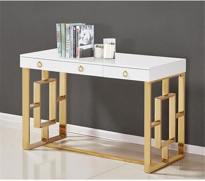 Best Master Furniture Barento 47 White Gloss Rectangular Computer Desk with 3 Drawers and Ring Handles Stainless Steel Sled Base Contemporary Office Desk for Home Study or Workspace (Gold)