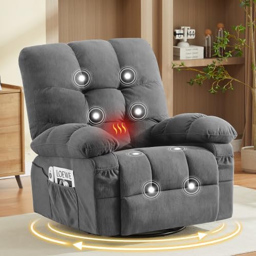 Oversized Recliner Chair for Adults w/ 8-Point 3D Kneading Massage and Lumbar Heating Swivel Rocker Recliner w/USB Charge Port for Living Room Ergonomic Lazy Boy Single Sofa Chair (Gray New)