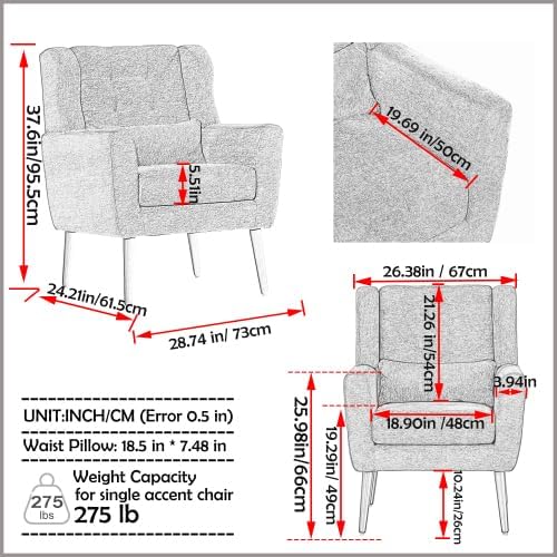 Modern Side Chair Square Shape Chenille Arm Chair Comfy Soft Padded Lounge Chair for Living Room Bedroom Home Office Kitchen(Gray)
