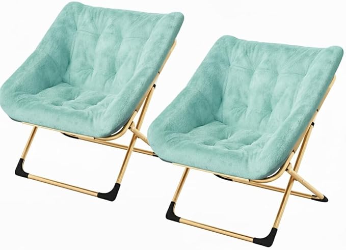 Collapsible Soft Faux Rabbit Fur Saucer Lounge Chair Comfy Lounge Lazy Chair Metal Frame Reading Chairs for Office Living Room Bedroom Small Spaces No Assembly Green