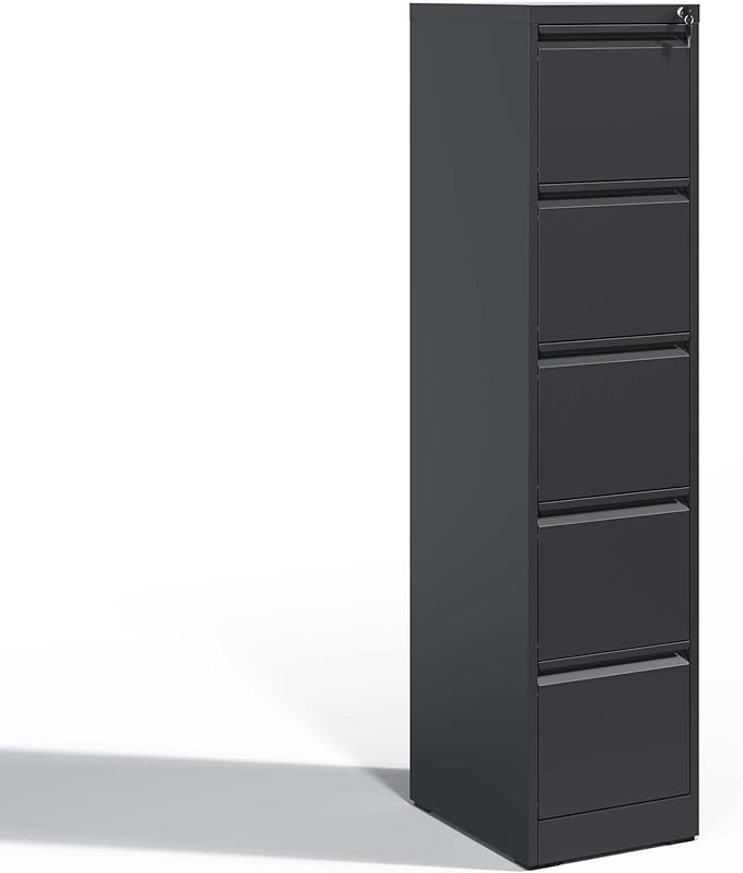5 Drawer Small Metal Vertical File Cabinet with Lock Under Desk Storage OrganizerFiling Cabinets for HomeOffice Locking Drawers for A4 Legal/Letter SizeBlack