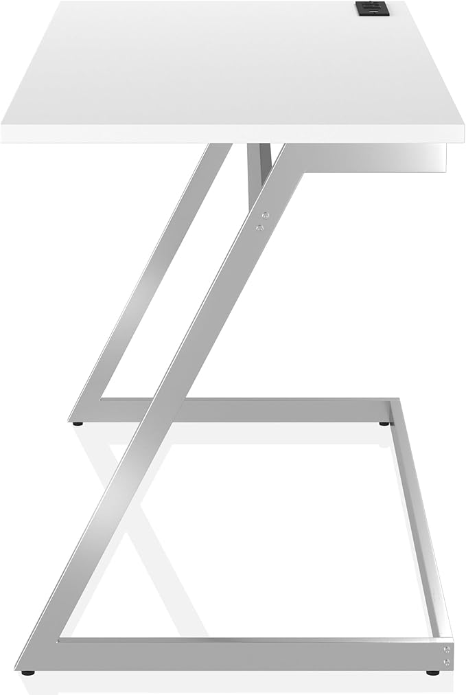 24/7 Shop at Home Andree Industrial Metal Writing Desk with USB Port Power Outlet for Workstation Home Office Study Room Gloss White and Chrome