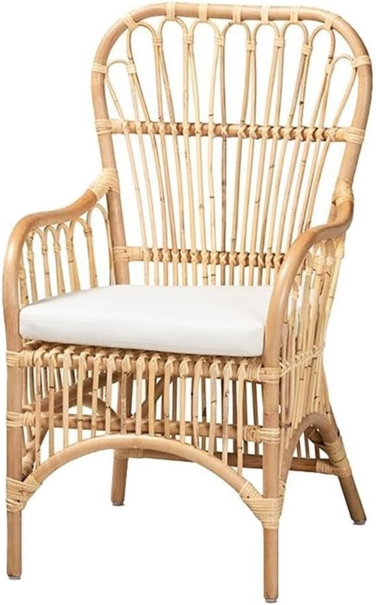 BOWERY HILL Modern Rattan Fabric Armchair 39.5 H x 24 W x 22 D Natural Beige Finish Foam-Padded Removable Cushion Spindle Design Handmade Accent Chair for Living Room or Bedroom