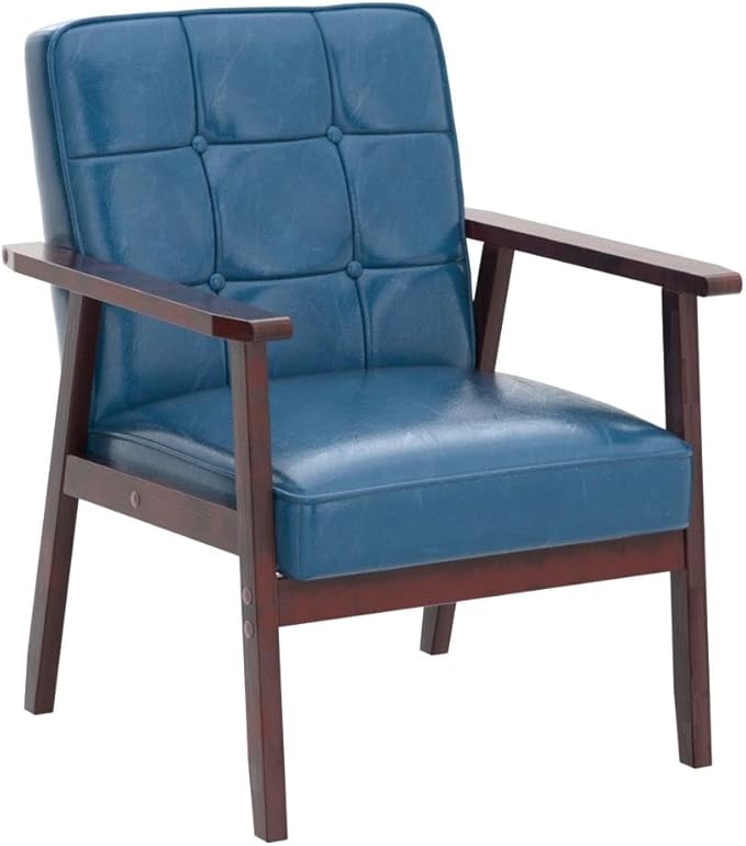 Okeysen Mid Century Modern Accent Chairs Retro Wood and Leather Armchairs Side Chair Lounge Reading Comfy Arm Chair for Living Room Bedroom Office (Blue)
