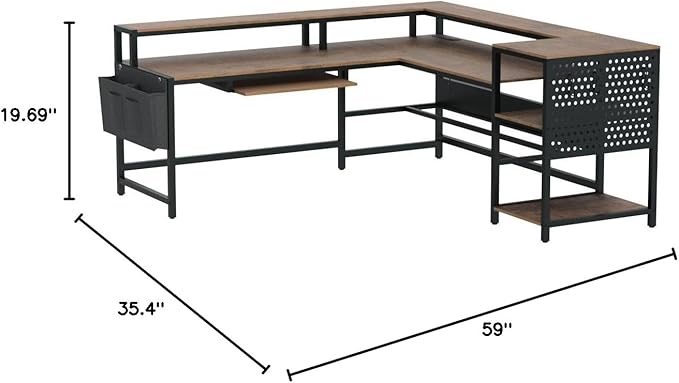 SEDETA L Shaped Computer Desk Reversible Computer Desks L Shaped Desk with Power Outlets &amp LED Strip Monitor Shelf Keyboard Tray Pegboard and Storage Shelves for Home Office Rustic Brown