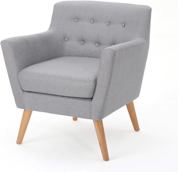 ChairArmchair ReclinerModern Club Chair Upholstered Fabric Accent Chair with Button-Tufted Backrest and Tapered Birch Wood Legs Ideal for Living Room (Light Grey + Fabric)