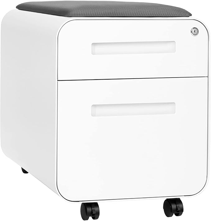 Laura Davidson Furniture STOCKPILE Mini Seated 2 Drawer Mobile File Cabinet with Removable Magnetic Cushion Seat - Short Version Metal Filing Cabinet Pre-Assembled White with Grey Cushion