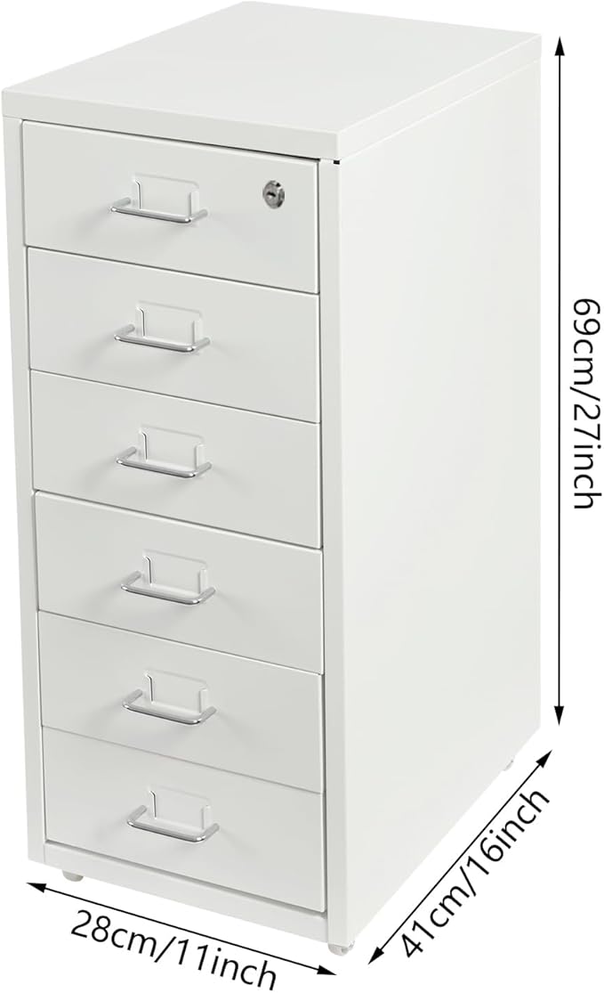 6-Drawer Vertical File Cabinet with Lock Mobile Metal Filing Cabinet for Legal/Letter/A4 Files Cold-Rolled Steel Rolling Storage 17.64-22.05 lbs(White)
