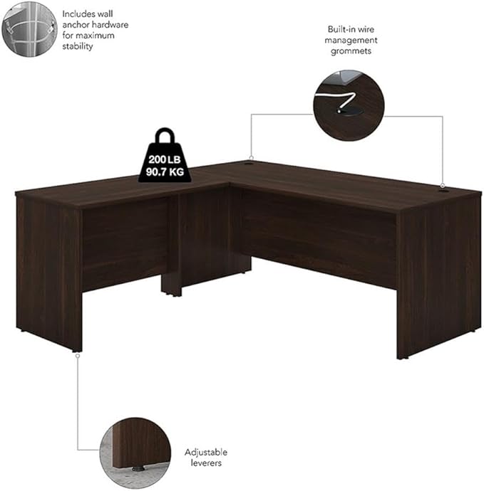 Bush Furniture Studio C 72W x 30D L Shaped Desk with 42W Return in Black Walnut L Workstation for Home or Professional Office