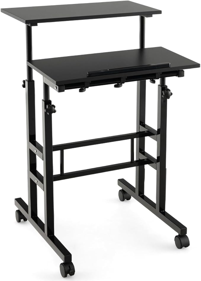 Standing Desk Height Adjustable Sit-Stand Desk with Tiltable Desk Top Rolling Laptop Stand &amp Workstation Mobile Stand up Computer Desk on Wheels for Small Spaces Home &amp Office (Black)