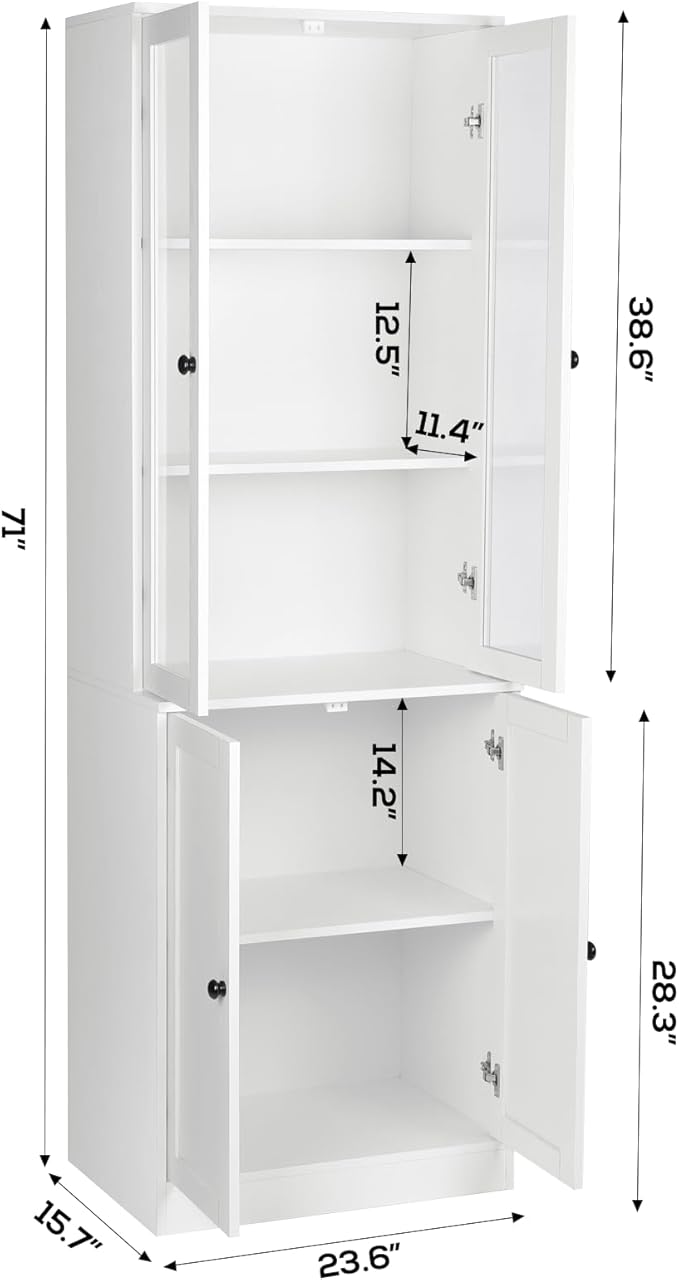 VOWNER Vertical File Cabinet 3-Tier Modern Bookshelf with 3 Large Drawer Wood Filing Cabinet with Open Storage Shelf Glass Doors and Adjustable Shelves for Home Office White (B)