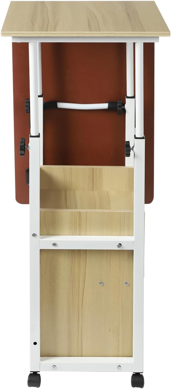 Home Office Desk with Wheels Movable Bedside Table with Plastic Drawers Height Adjustable Over Bed Desk for Laptop White for Home Office Study (Light Wood + White)