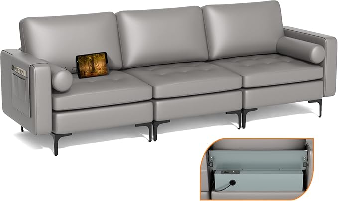 Giantex 97 Sectional Sofa Couch 3-Seater Modular Sleeper with USB Ports 3-Hole Socket Thick Cushion 2 Bolsters Armrest Magazine Pocket Metal Legs for Living Room Reception Bedroom Dark Grey
