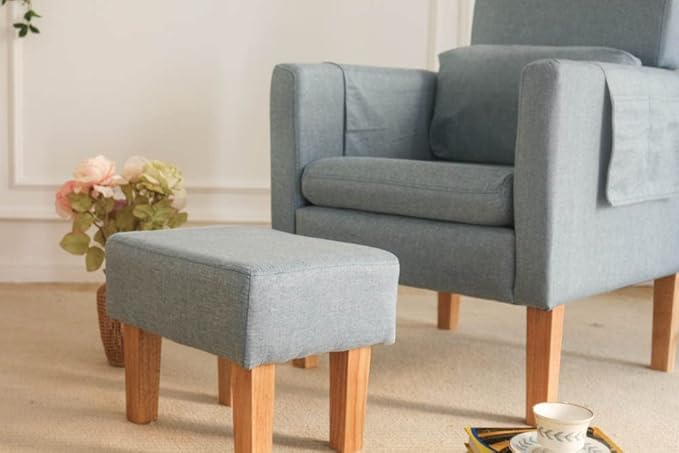TAKUKA Modern Accent Chair with Ottoman SetComfy Fabric Armchair with Footrest Upholstered Chair with Side Pocket Soft Reading Lounge Chair for Living RoomBedroomOffice (Water Blue)