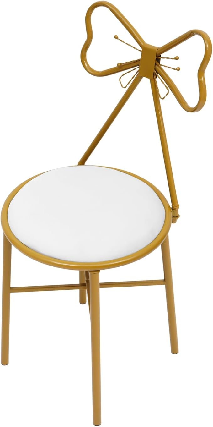 Modern Vanity Chair StoolCute Makeup Chair w/Butterfly BackrestGirl's Stool Ottoman BenchMetal Bench Legs Gold Dining ChairBow Knot Design Seat for Bedroom Living Room (White Velvet)