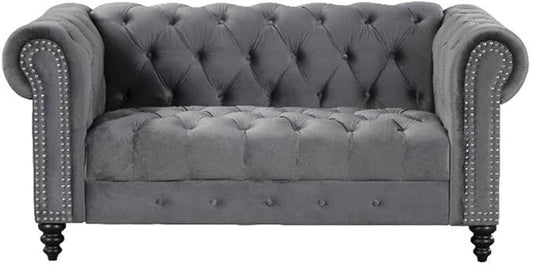 Pemberly Row Chesterfield 68 Button Tufted Velvet Loveseat Gray Upholstery Nailhead Trim Compact Design Durable Hardwood Frame Elegant Living Room Seating for Small Spaces