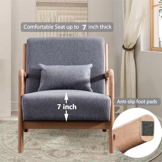 INZOY Mid Century Modern Accent Chair with Wood Frame Upholstered Living Room Chairs with Waist Cushion Reading Armchair for Bedroom Sunroom (Dark Grey)