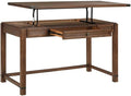 Pemberly Row Sit-to-Stand Lift Desk Brushed Walnut Brown Finish Solid Wood and Veneer 48 W x 24 D x 30.25 H Adjustable Height Classic Wire Brushed Texture Full Post Construction Home Office